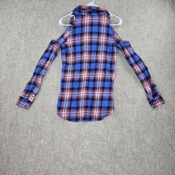 Rue21 Cold Shoulder Plaid Button-Up Shirt Multicolor Cotton Blend XS - Picture 2 of 7